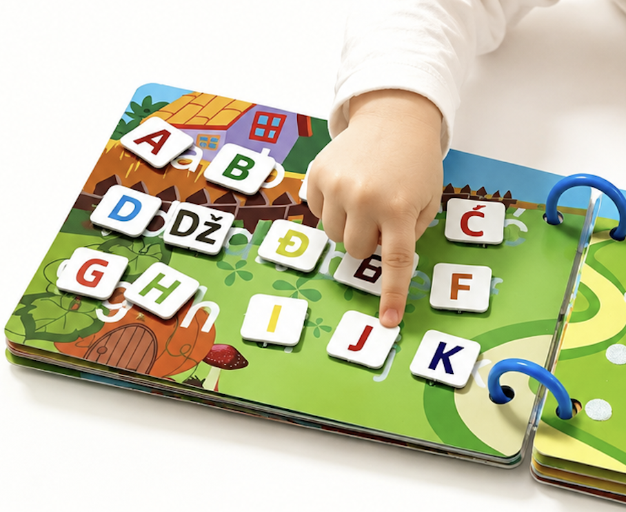 Bosanska abeceda u Montessori knjizi – slova DŽ, Ć, Đ na čičak