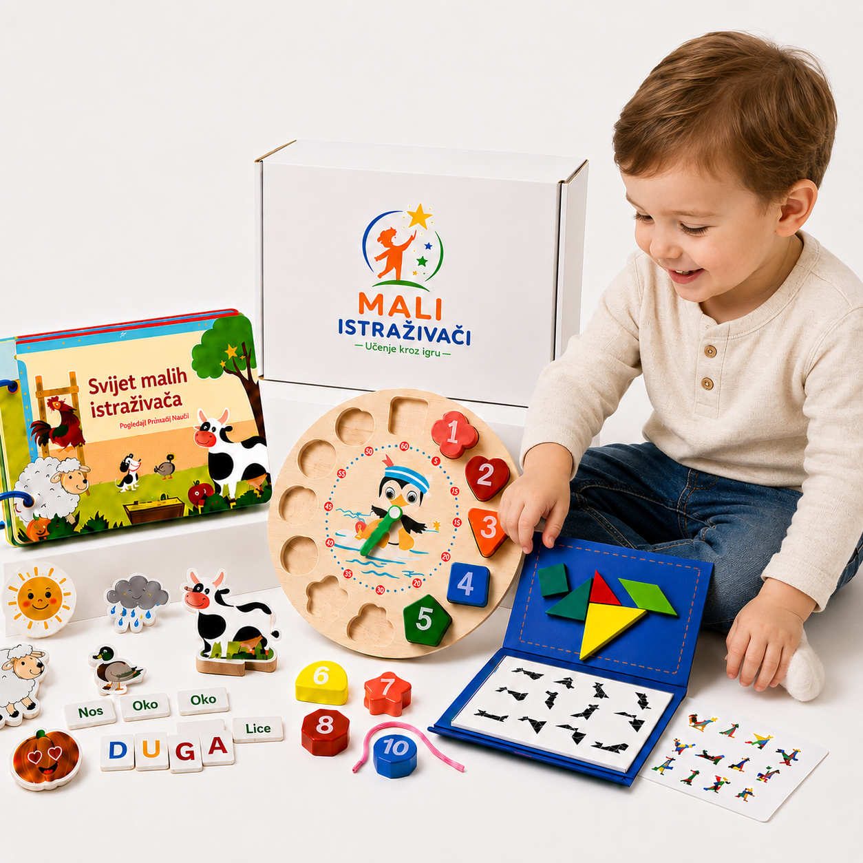 Montessori set 3u1 na bosanskom – knjiga na čičak, drveni sat i magnetni tangram u poklon kutiji