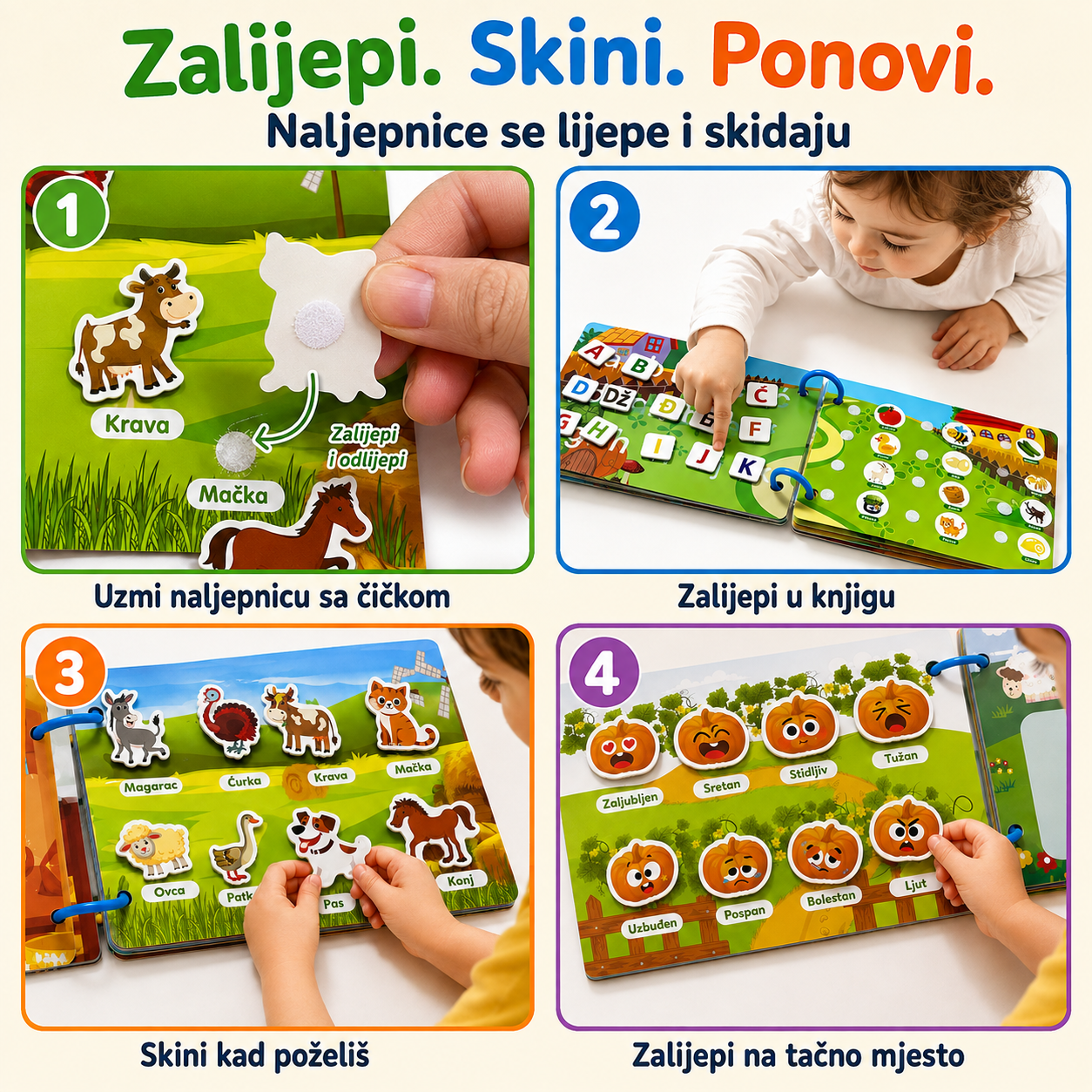 Montessori knjiga na čičak – naljepnice se lijepe i skidaju, koraci 1 do 4